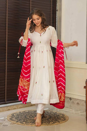 White Floral Embroidered Chanderi Anarkali Suit Set