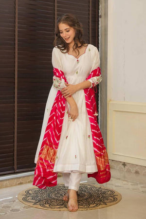 White Floral Embroidered Chanderi Anarkali Suit Set