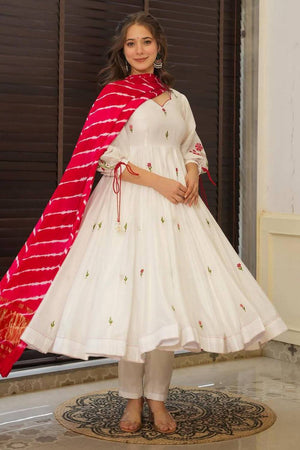 White Floral Embroidered Chanderi Anarkali Suit Set