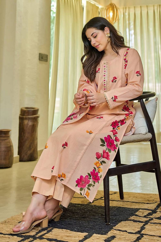 Peach Floral Printed Chanderi Kurti Pant Set