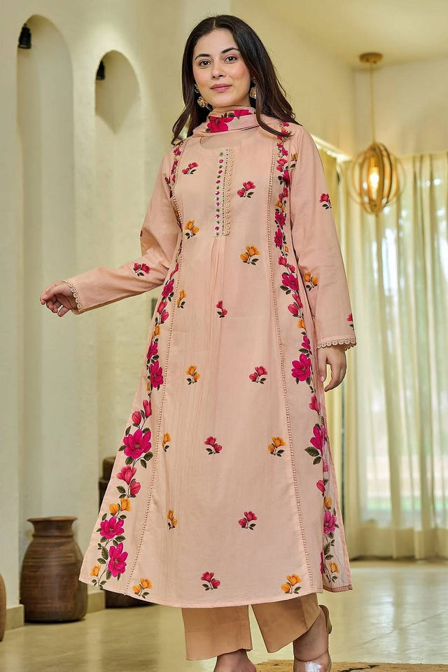 Peach Floral Printed Chanderi Kurti Pant Set