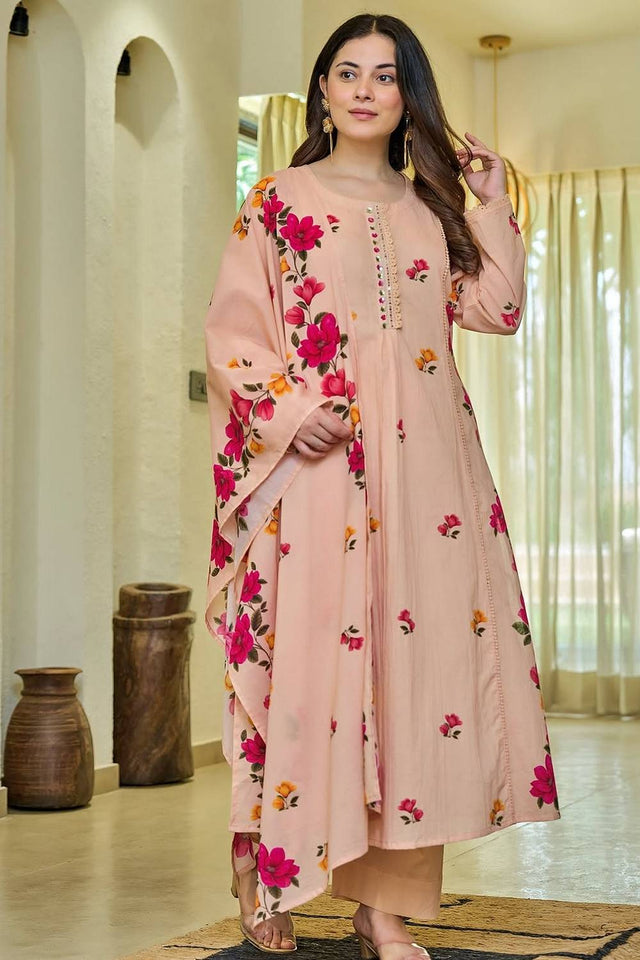Peach Floral Printed Chanderi Kurti Pant Set