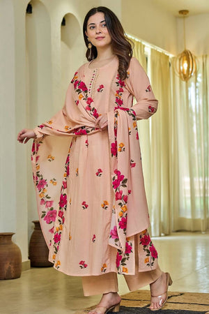 Peach Floral Printed Chanderi Kurti Pant Set