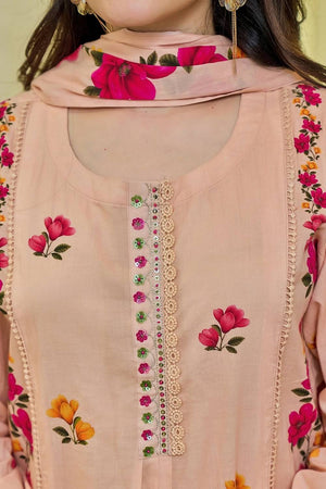 Peach Floral Printed Chanderi Kurti Pant Set