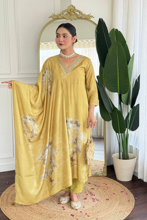 Beige Printed Muslin Straight Cut Suit Set