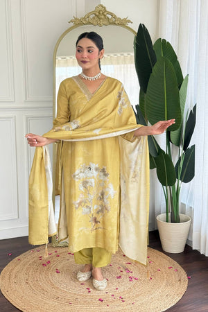 Beige Printed Muslin Straight Cut Suit Set