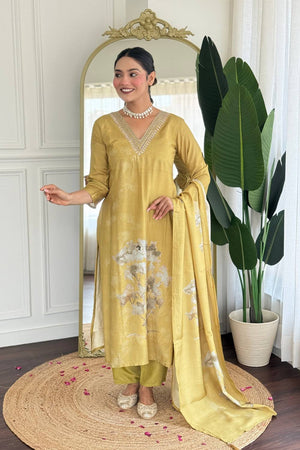 Beige Printed Muslin Straight Cut Suit Set