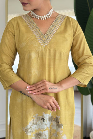 Beige Printed Muslin Straight Cut Suit Set