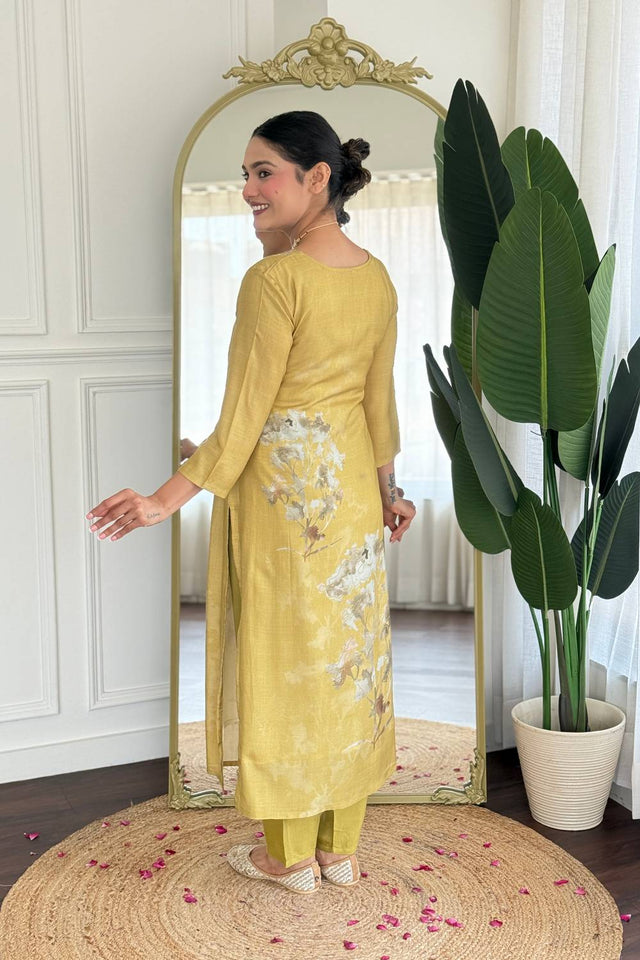 Beige Printed Muslin Straight Cut Suit Set