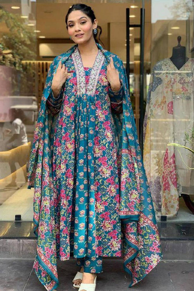 Multi-Color Floral Printed Cotton Anarkali Suit Set