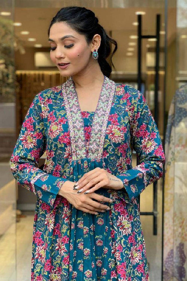 Multi-Color Floral Printed Cotton Anarkali Suit Set