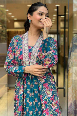Multi-Color Floral Printed Cotton Anarkali Suit Set