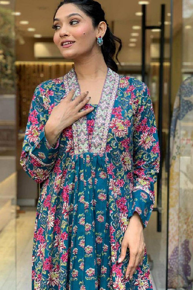 Multi-Color Floral Printed Cotton Anarkali Suit Set