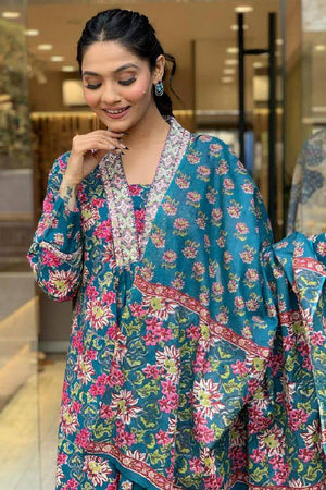 Multi-Color Floral Printed Cotton Anarkali Suit Set