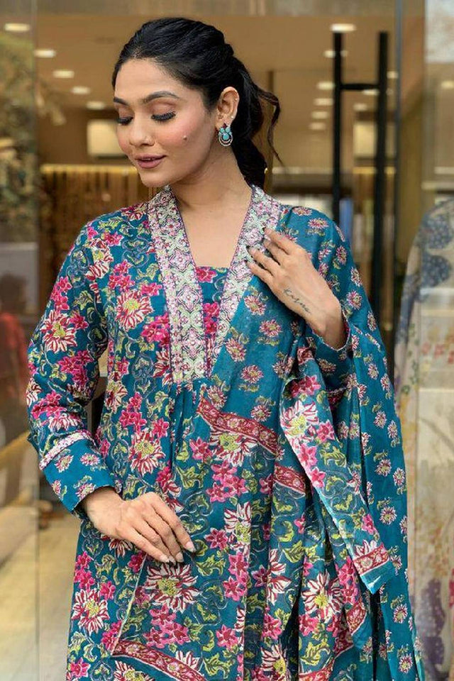 Multi-Color Floral Printed Cotton Anarkali Suit Set