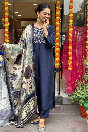 Turquoise Floral Embroidered Chanderi Straight Cut Suit Set