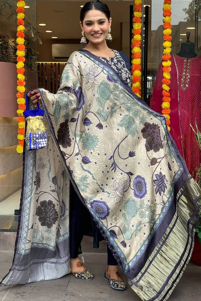 Turquoise Floral Embroidered Chanderi Straight Cut Suit Set