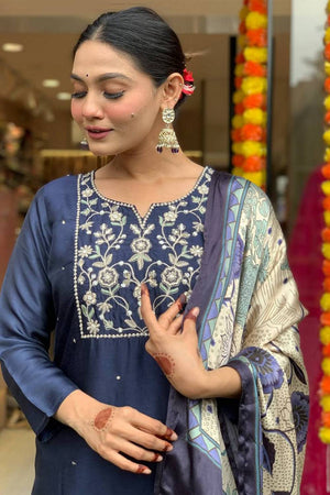 Turquoise Floral Embroidered Chanderi Straight Cut Suit Set