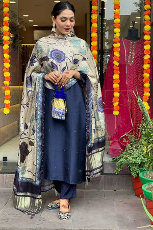 Turquoise Floral Embroidered Chanderi Straight Cut Suit Set