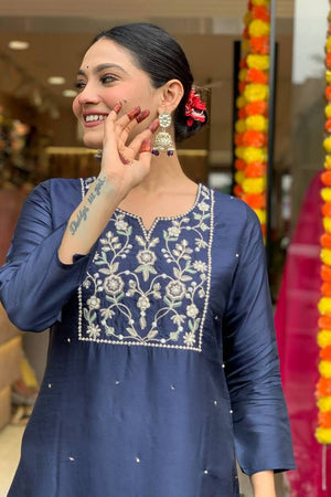 Turquoise Floral Embroidered Chanderi Straight Cut Suit Set