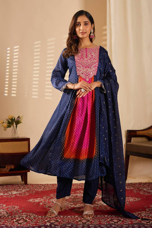 Blue Mirror Sequin with Embroidered Rayon Anarkali Suit Set