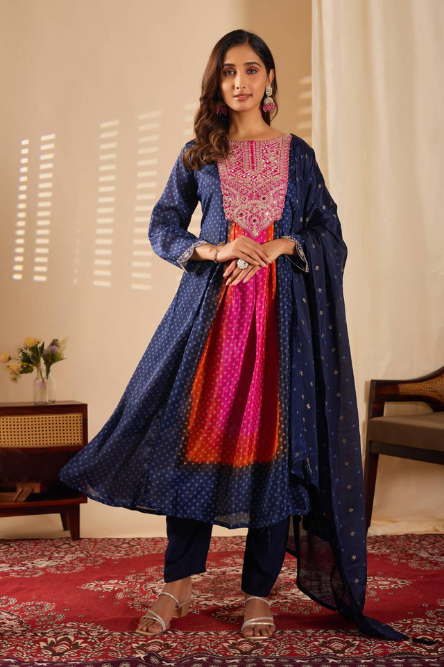 Blue Mirror Sequin with Embroidered Rayon Anarkali Suit Set
