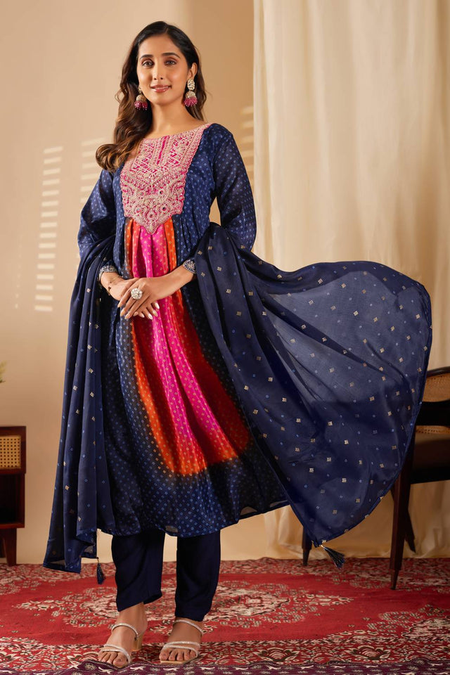 Blue Mirror Sequin with Embroidered Rayon Anarkali Suit Set