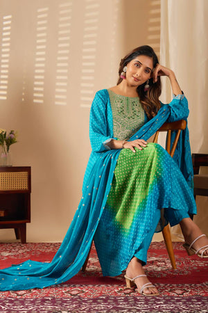 Turquoise Mirror Sequin with Embroidered Rayon Anarkali Suit Set