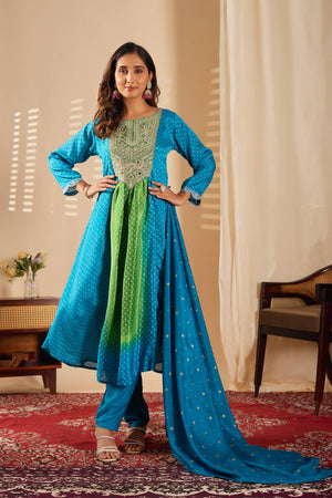 Turquoise Mirror Sequin with Embroidered Rayon Anarkali Suit Set