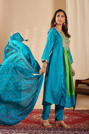 Turquoise Mirror Sequin with Embroidered Rayon Anarkali Suit Set