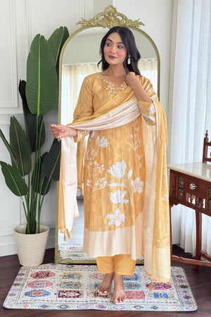 Beige Floral Embroidered Muslin Straight Cut Suit Set