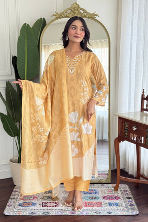 Beige Floral Embroidered Muslin Straight Cut Suit Set