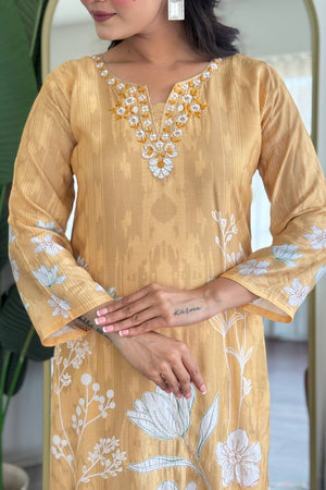 Beige Floral Embroidered Muslin Straight Cut Suit Set