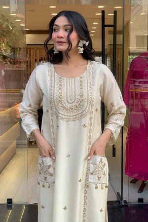 White Floral Embroidered Art Silk Straight Cut Suit Set