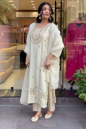 White Floral Embroidered Art Silk Straight Cut Suit Set