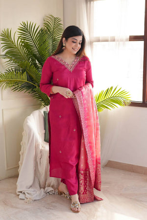 Pink Floral Embroidered Chanderi Straight Cut Suit Set