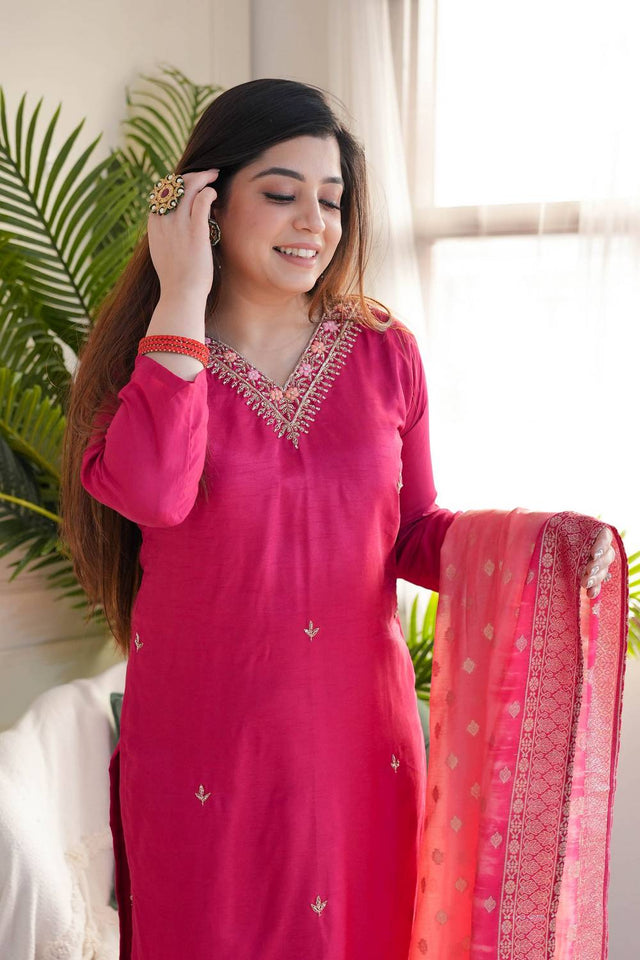 Pink Floral Embroidered Chanderi Straight Cut Suit Set