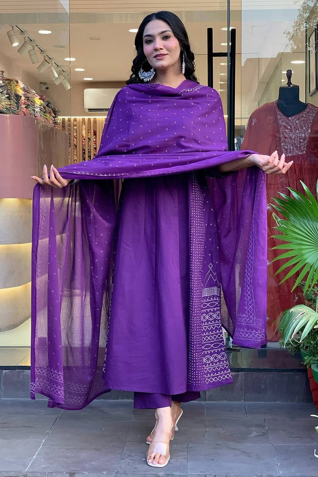 Violet Sequin with Embroidered Chanderi Anarkali Suit Set