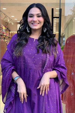 Violet Sequin with Embroidered Chanderi Anarkali Suit Set
