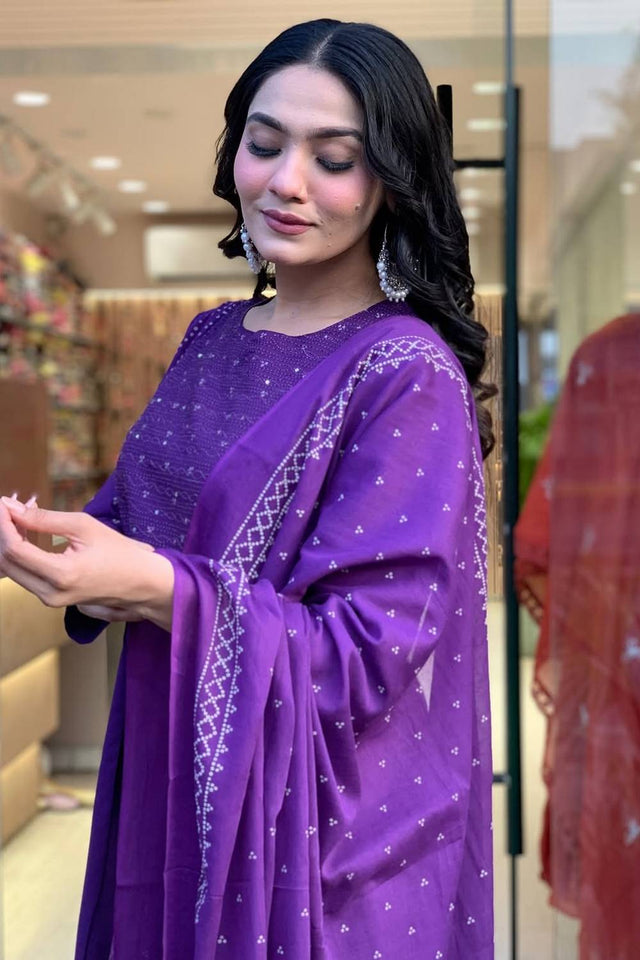 Violet Sequin with Embroidered Chanderi Anarkali Suit Set