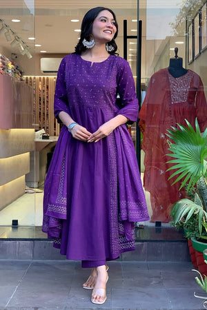 Violet Sequin with Embroidered Chanderi Anarkali Suit Set