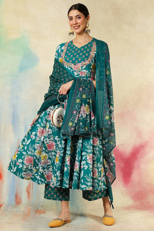 Green Floral Printed Cotton Anarkali Suit Set