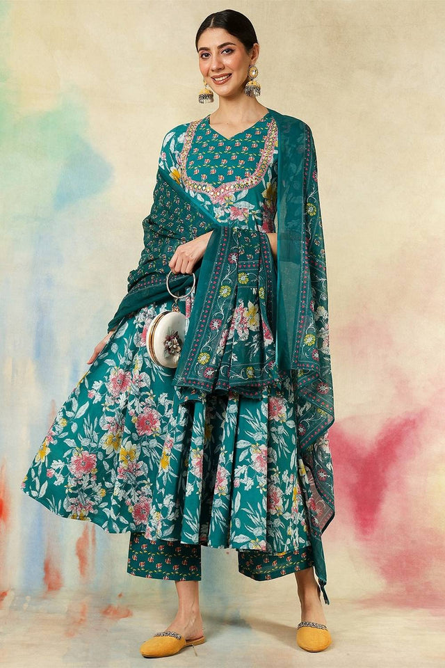 Green Floral Printed Cotton Anarkali Suit Set