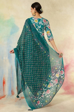 Green Floral Printed Cotton Anarkali Suit Set