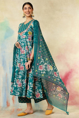 Green Floral Printed Cotton Anarkali Suit Set
