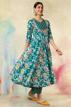 Green Floral Printed Cotton Anarkali Suit Set
