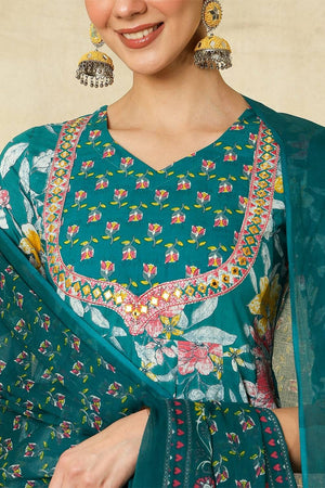 Green Floral Printed Cotton Anarkali Suit Set