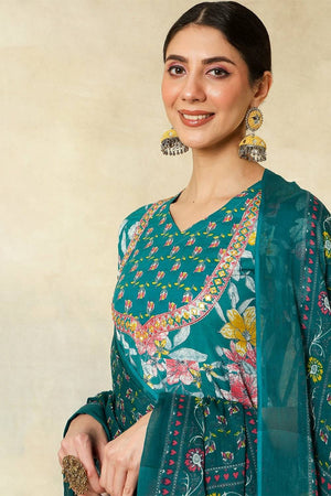 Green Floral Printed Cotton Anarkali Suit Set