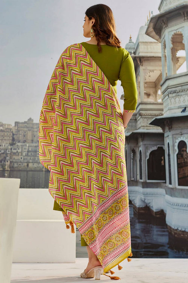 Mehendi Sequin with Embroidered Cotton Kurti Pant Set