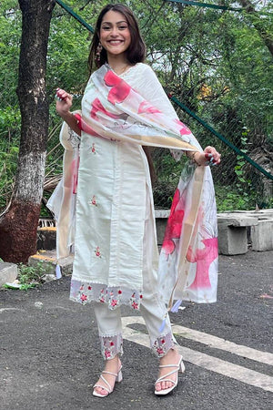White Floral Printed Chanderi Straight Cut Suit Set